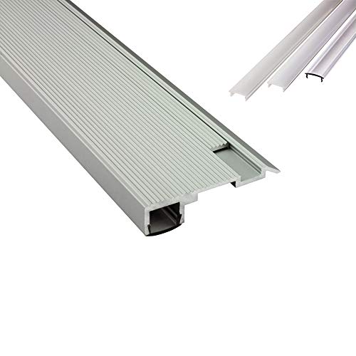 B-WARE - T-STA LED Alu Treppenprofil Treppenwinkel Profil Stufen silber + Abdeckung Abschlussleiste Fliesen für LED-Streifen-Strip 2m milky von tktrading24