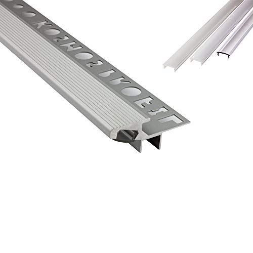 T-40 20° LED Alu Fliesenprofil Treppenprofil Stufen 10mm silber + Abdeckung Abschlussleiste Fliesen für LED-Streifen-Strip 2m klar von tktrading24