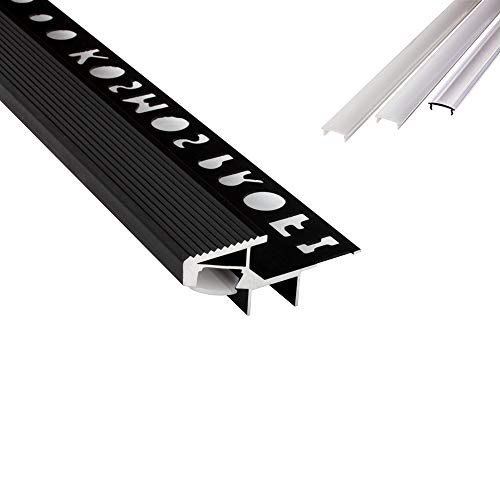 T-40 20° LED Alu Fliesenprofil Treppenprofil Stufen 12mm schwarz + Abdeckung Abschlussleiste Fliesen für LED-Streifen-Strip 1m klar von tktrading24