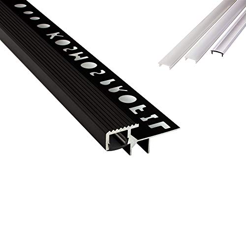 T-40 LED Alu Fliesenprofil Treppenprofil Stufen 10mm schwarz + Abdeckung Abschlussleiste Fliesen für LED-Streifen-Strip 1m klar von tktrading24