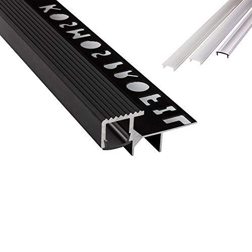 T-40 LED Alu Fliesenprofil Treppenprofil Stufen 12mm schwarz + Abdeckung Abschlussleiste Fliesen für LED-Streifen-Strip 2m milky von tktrading24