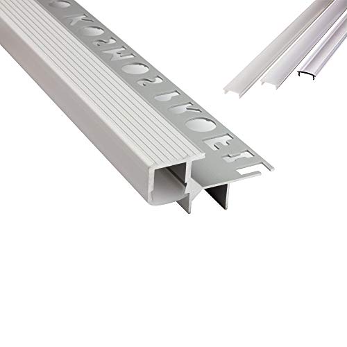 T-40 LED Alu Fliesenprofil Treppenprofil Stufen 12mm silber + Abdeckung Abschlussleiste Fliesen für LED-Streifen-Strip 1m milky von tktrading24