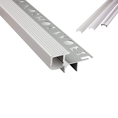 T-40 LED Alu Fliesenprofil Treppenprofil Stufen 12mm silber + Abdeckung Abschlussleiste Fliesen für LED-Streifen-Strip 2m klar von tktrading24