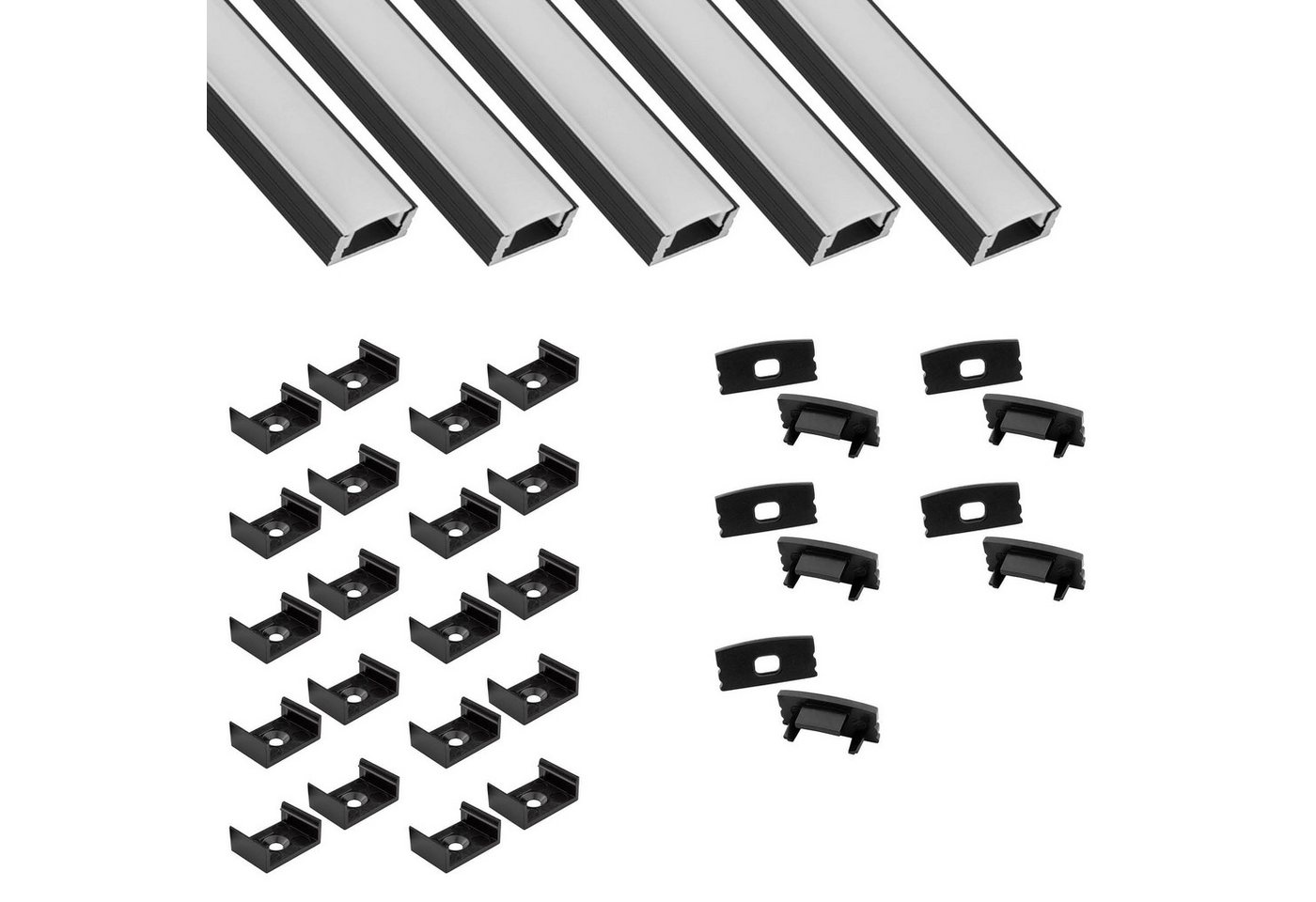 tktrading24 LED-Stripe-Profil 5x A17 LED Profil 2m - Schwarz inkl. Abdeckung, Halter & Endkappen von tktrading24