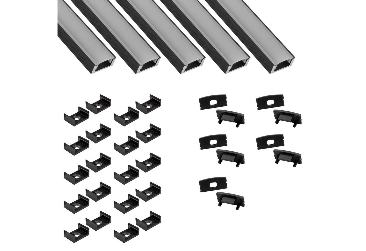 tktrading24 LED-Stripe-Profil 5x A17 LED Profil 2m - Schwarz inkl. Abdeckung, Halter & Endkappen von tktrading24