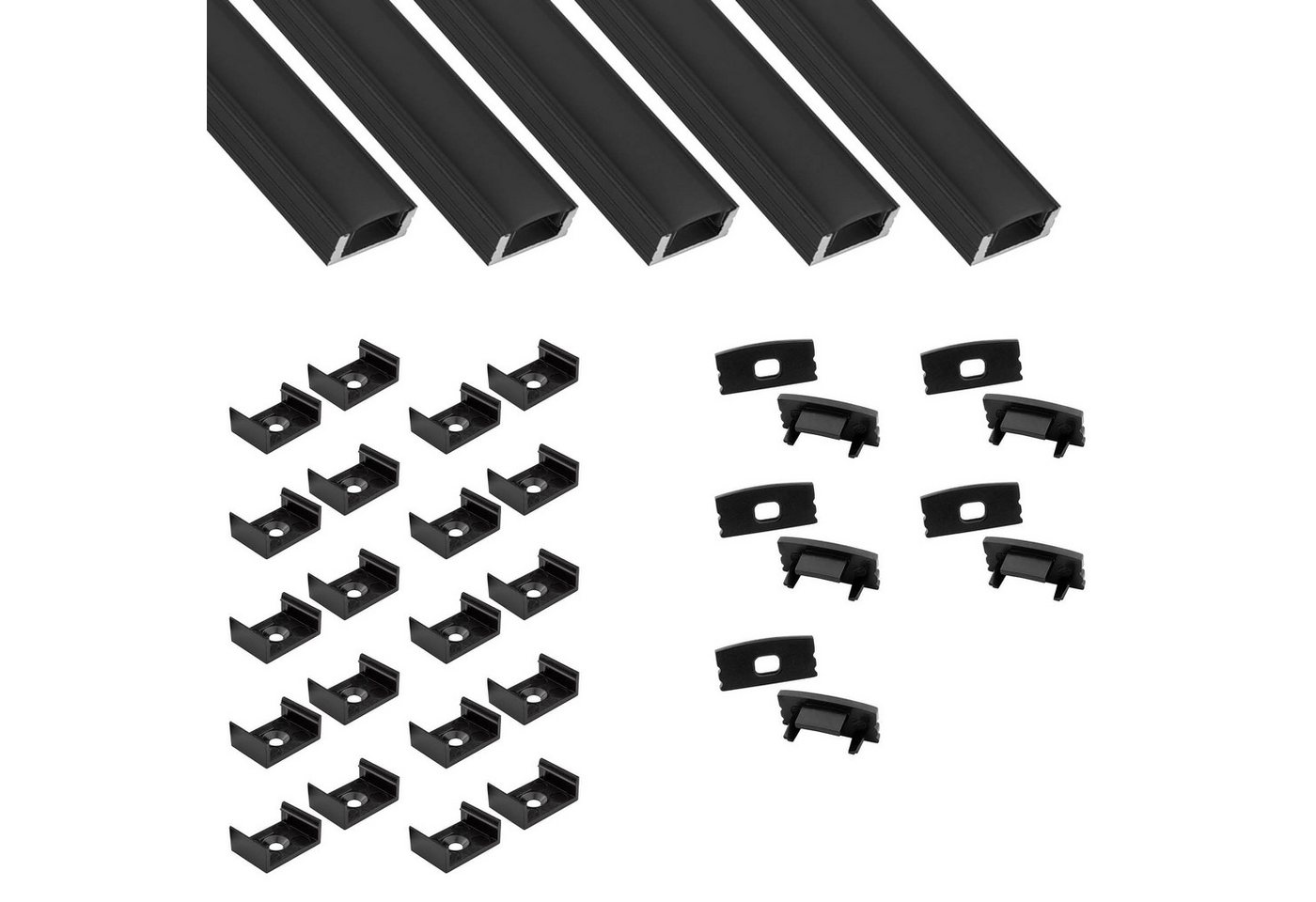 tktrading24 LED-Stripe-Profil 5x A17 LED Profil 2m - Schwarz inkl. Abdeckung, Halter & Endkappen von tktrading24