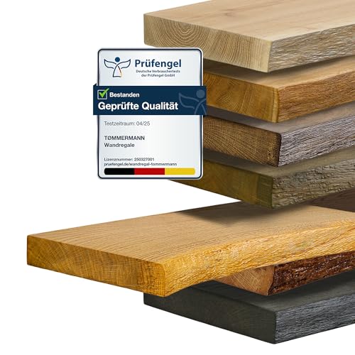 tømmermann Wandregal Schweberegal massiv Eiche - Bücherregal Holz Regal mit Baumkante Hängeregal Regalbrett aus massivholz Wandboard deko Regal Wand Shelf | 70 cm breit Farbe Bernstein von tømmermann