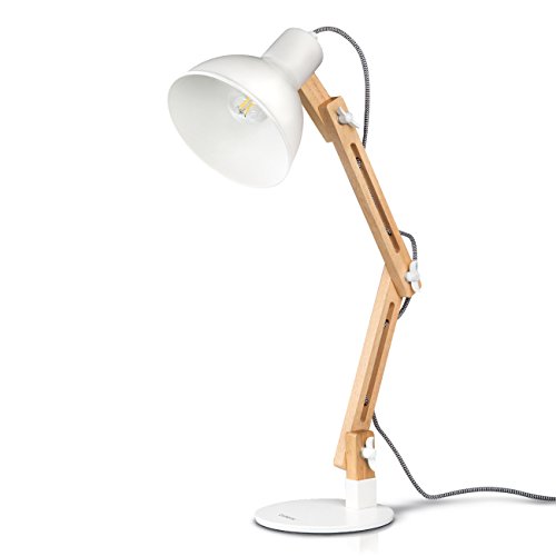 tomons Schreibtischlampe, LED Tischlampe im Klassichen Holz-Design, Nachttischlampe, Lampe mit Verstellbarem Arm, Tischlampe Wohnzimmer für Zimmer Büro, Weiß von tomons