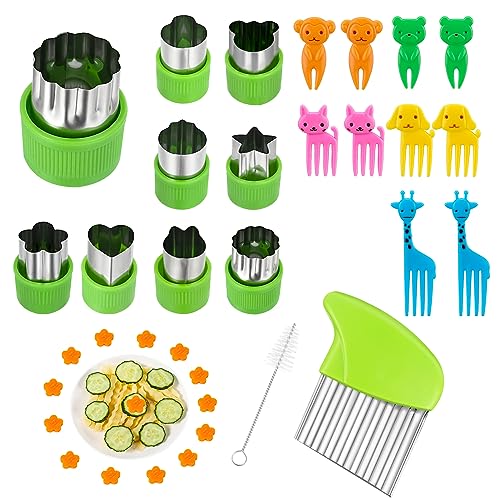 tonyg-p 21 Stück Obst Gemüse Ausstechformen, Edelstahl Cookie Plätzchen Ausstecher Mini Gemüseschneider Set Kinder mit Wellenschneider, 10 Stück Karikatur Zahnstocher für Kuchen, Keks, Sandwich von tonyg-p