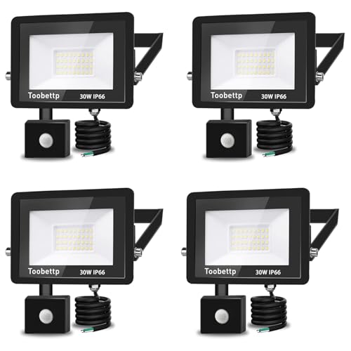 30W LED Strahler mit Bewegungsmelder Außen, Superhell 3500K 3000LM Warmweiß LED Fluter Leuchte mit Bewegungssensor, IP66 Wasserdicht Außenstrahler Fluter Flutlicht für Garten, Innenhöfe, 4-Teilig von toobettp