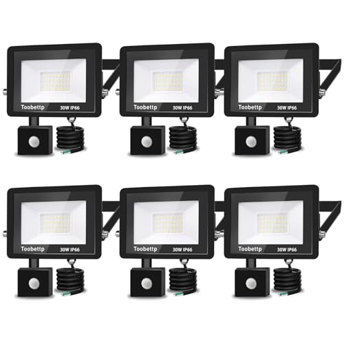 30W LED Strahler mit Bewegungsmelder Außen, Superhell 6500K 3000LM Kaltweiß LED Fluter Leuchte mit Bewegungssensor, IP66 Wasserdicht Außenstrahler Fluter Flutlicht für Garten, Innenhöfe, 6-Teilig von toobettp