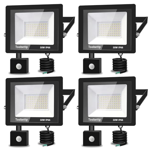 50W LED Strahler mit Bewegungsmelder Außen, Superhell 3500K 5000LM Warmweiß LED Fluter Leuchte mit Bewegungssensor, IP66 Wasserdicht Außenstrahler Fluter Flutlicht für Garten, Innenhöfe, 4-Teilig von toobettp