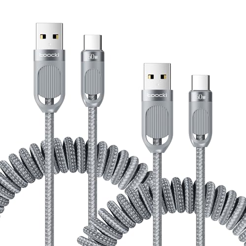 toocki Spiralkabel USB C auf USB C, [1.5M 2er Pack] 3A Coiled Ladekabel,Schnellladekabel für Android Auto Carplay,iPhone 17/16 Series,Galaxy S24 Ultra S23 FE S22 S21,Google Pixel, Xiaomi-Grau von toocki