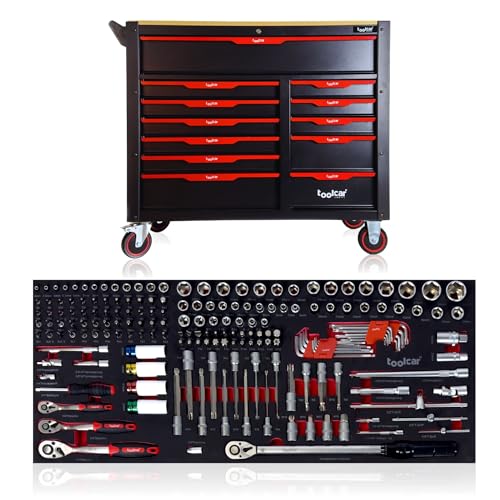 toolcar Werkzeugwagen - 11 volle Schubladen mit Werkzeug +1 Leere Schublade | befüllte Schubladen | Abschließbar | Softclose | Werkstattwagen Werkzeugkasten Werkzeugkiste von toolcar