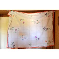 Tischdecke, Weiss, Leinen, Mit Farbiger Stickerei, Blumen, Blüten, Maß150 X 113 cm von topangebote