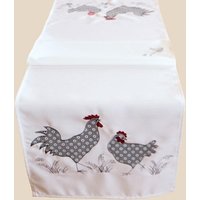 Tischläufer, Ecru/Grau, Stickerei, Applikation, "Hahn von topangebote