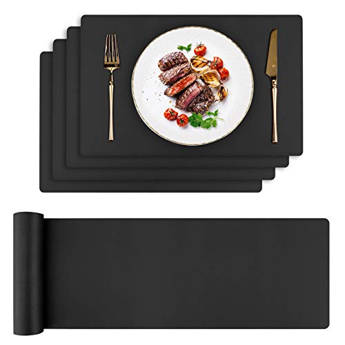 Toprance Platzset 4er Sets und Tischläufer Lederoptik Wasserdicht Abwischbar Tischset 42x30cm Platzdecken PU Kunstleder Tischtuch 135cm Schwarz für Küche Hause Restaurant und Hotel von toprance