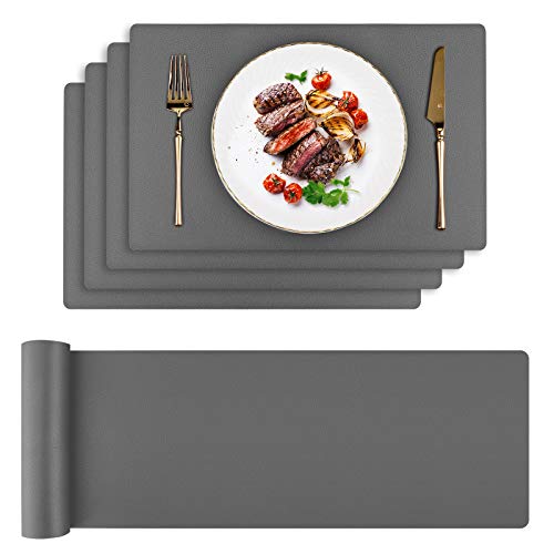 Toprance Tischset 4er Set und Tischläufer Lederoptik Abwischbar Platzsets 42x30cm Platzdecken Kunstleder Hitzebeständig Tischtuch 135cm Dunkelgrau für Hause Küche Restaurant und Hotel von toprance