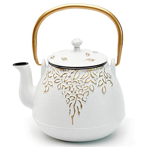 Tea Kettle, TOPTIER Japanese Cast Iron Tea Kettle with Infuser, Cast Iron Teapot Stovetop Safe, Leaf Design Tea Kettle Coated with Enameled Interior for 32 Ounce (950 ml), White von toptier