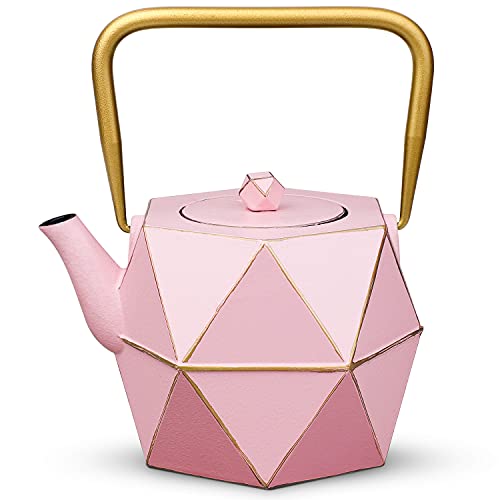 Teekessel Toptier Japanische Gusseisen Teekanne mit Edelstahl-Teesieb, Gusseisen Teekessel Herd Safe, Diamant Design Teekanne beschichtet mit emaillierter Innenseite für 4 oz (1200 ml), Rosa von toptier