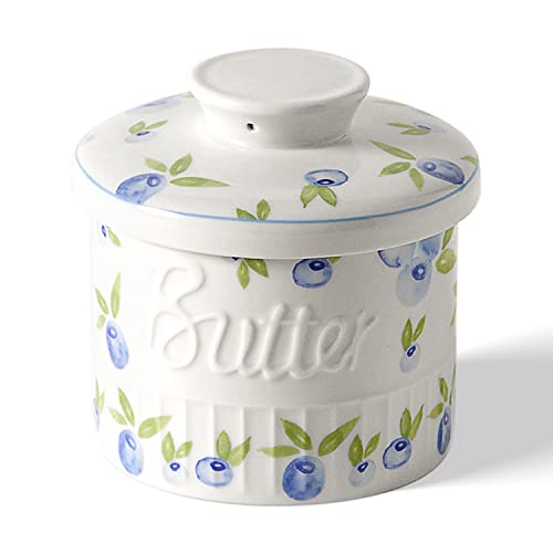 Toptier Buttertopf für Theke mit Wasserlinie, auf Anfrage, streichbare Butter, Keramik-Butterbehälter zum Ablassen auf der Theke, französische Butterdose mit Deckel, (Yummy Blueberry) von toptier