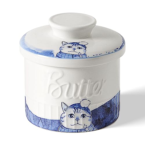 Toptier Buttertopf für Theke mit Wasserlinie, auf Anfrage, streichbare Butter, Keramik-Butterbehälter zum Ablassen auf der Theke, französische Butterdose mit Deckel, kleine Winterkatze von toptier