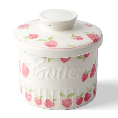 Toptier Buttertopf für Theke mit Wasserlinie, auf Anfrage, streichbare Butter, Keramik-Butterbehälter zum Ablassen auf der Theke, französische Butterdose mit Deckel (Erdbeere) von toptier