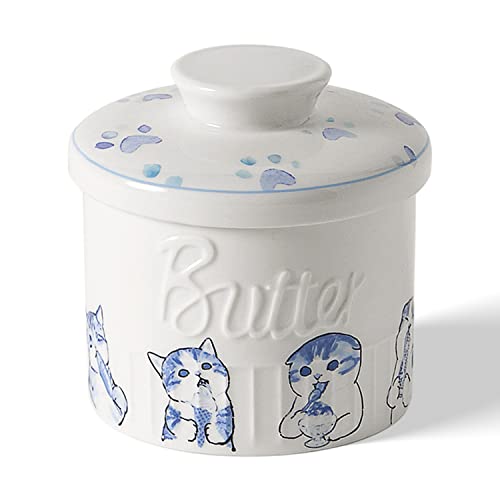 Toptier Buttertopf für Theke mit Wasserlinie, auf Anfrage streichbare Butter, Keramik-Butterbehälter zum Hinterlassen auf der Theke, französische Butterdose mit Deckel (Greedy Cat War) von toptier