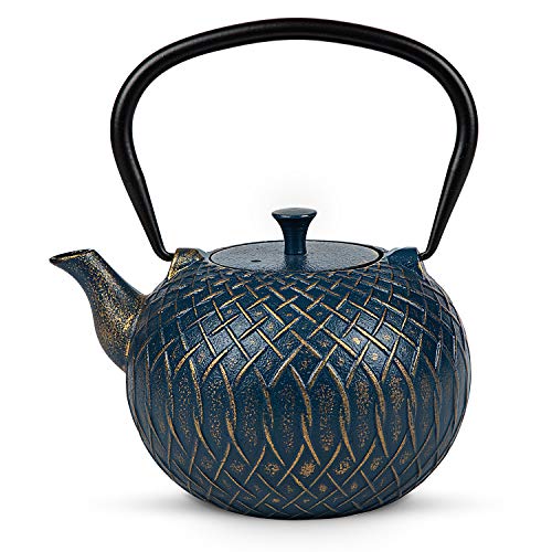 Toptier Japanischer Teekessel aus Gusseisen für Herdplatte, Herdplatte, sichere Teekanne mit Teesieb für losen Tee, 1000 ml, marineblaue Melodie von toptier