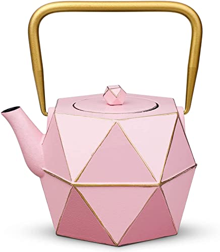Toptier Teekanne aus Gusseisen, herdplattensicherer japanischer Gusseisen-Teekessel, Diamant-Design Teekanne mit herausnehmbarem Teesieb für losen Tee, 900 ml, Pink… von toptier