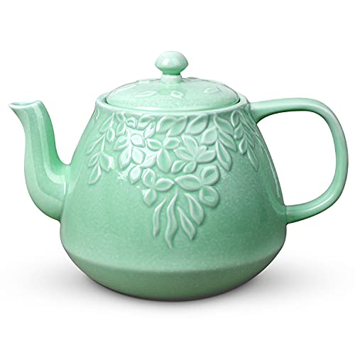 Toptier Teekanne aus Porzellan, mit Teesieb und Deckel, blühende und lose Blätter, Keramik, 1,0 l, Hellgrün von toptier