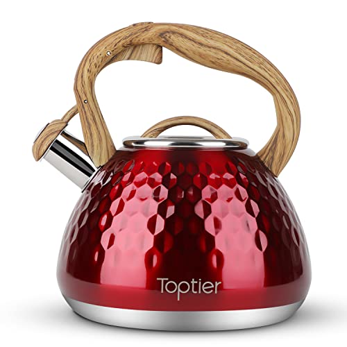 Toptier Teekessel, Pfeifkessel mit Holzmuster-Griff, laute Pfeife, lebensmittelechter Edelstahl, Teekanne für Herde, Induktion, Diamant-Design, Wasserkessel, 2,7 l, Rot von toptier