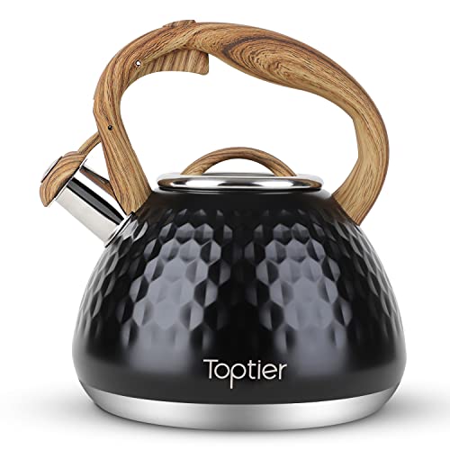 Toptier Teekessel, Pfeifkessel mit Holzmuster-Griff, laute Pfeife, lebensmittelechter Edelstahl, Teekanne für Herde, Induktion, Diamant-Design, Wasserkessel, 2,7 l, Schwarz von toptier