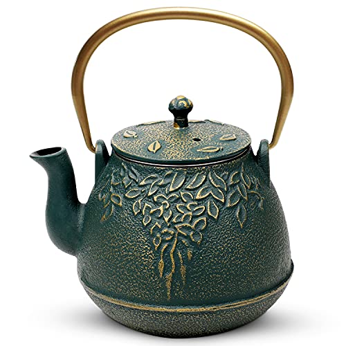 Toptier Teekessel, japanische Gusseisen-Teekanne mit Teesieb, Blatt-Design, Gusseisen, Teekanne für Herd, sicher beschichtet mit emaillierter Innenseite für 1200 ml, dunkelgrün Toptier Teekessel, japanische Gusseisen-Teekanne mit Teesieb, Blatt-Design, Gusseisen, Teekanne für Herd, sicher beschichtet mit emaillierter Innenseite für 1200 ml, dunkelgrün von toptier