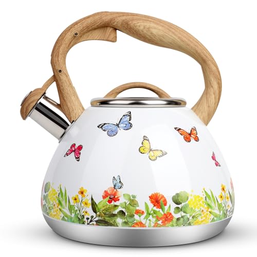 toptier Teekessel, Pfeifkessel mit Holzmuster-Griff, laute Pfeife, lebensmittelechter Edelstahl, Teekanne für Herdplatten, Induktions-Wasserkocher, 2,7 l Schmetterling toptier Teekessel, Pfeifkessel mit Holzmuster-Griff, laute Pfeife, lebensmittelechter Edelstahl, Teekanne für Herdplatten, Induktions-Wasserkocher, 2,7 l Schmetterling von toptier