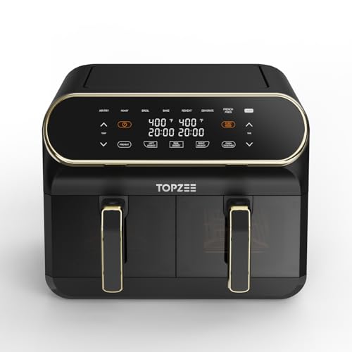 TOPZEE Große Heißluftfritteuse mit 8 QT – Heißluftfritteuse mit zwei Körben und Sichtfenstern, 2 unabhängige, spülmaschinenfeste 4-QT-Körbe mit Antihaftbeschichtung, mit goldenem Rand von topzee