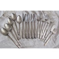 Silberner Teller Gitter Essgabeln Messer Esslöffel - Talisman 1938 Muster 18 Stück von totalvintage