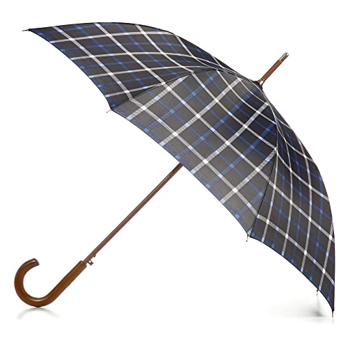 totes Eco Regenschirm mit Holzgriff, automatisch, mit J-Stick, Schwarz/Blau mit weißem Karo von totes