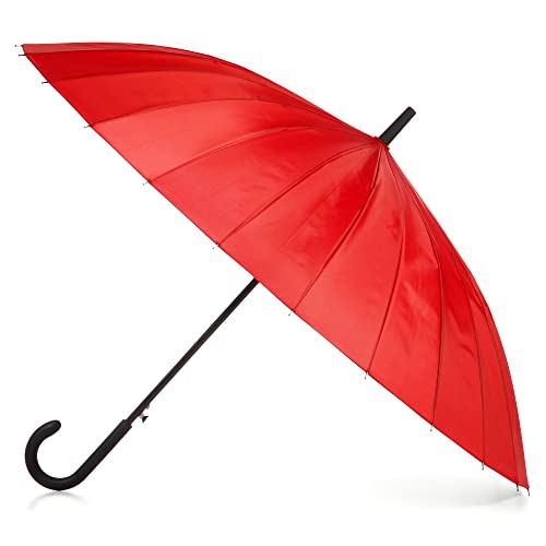 totes Großer Eco Auto-Open Regenschirm mit 24 Rippen und klassischem J-Haken, gebogenem Griff und wasserabweisendem Material, Rot/Ausflug, einfarbig (Getaway Solids), Einheitsgröße, Regenschirm für von totes
