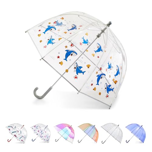 totes Regenschirm für Kinder, transparent, Kuppelschirm, leichtes Design, Windschutz- und Regenschirm, Hai, Kids - 38" Canopy von totes