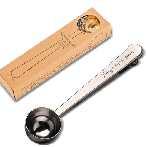 Personalisierter Kaffeedosierlöffel mit Gravur aus Edelstahl mit Clip – Kaffee Schaufel, Kaffeemaß, Teelöffel, Prämien Edelstahlschaufel mit integriertem Beutelklipp(17.5 cm) von toyofmine