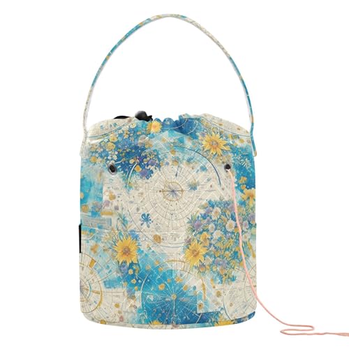 Abstrakte runde Uhr Stil gelbe Blumen Garn Aufbewahrung Häkeltasche tragbar für Reisen Häkeln Häkeln Handwerk von tplaotee