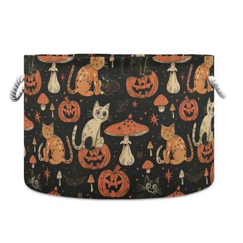 Aufbewahrungskorb mit Halloween-Katzen, Kürbissen, Pilzen, auffälligem Linework-Stil, zusammenklappbar und wasserdicht, Wäschekorb mit stabilem Griff, Taschen, Zubehör, Aufbewahrungskörbe für Zimmer von tplaotee