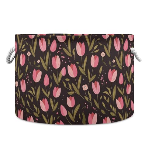 Aufbewahrungskorb mit rosafarbenem Tulipa-grünen Blättern, flacher Illustrationsstil, zusammenklappbar und wasserdicht, Stoffkörbe mit stabilem Griff, extra großer Stauraum für Schreibtisch von tplaotee