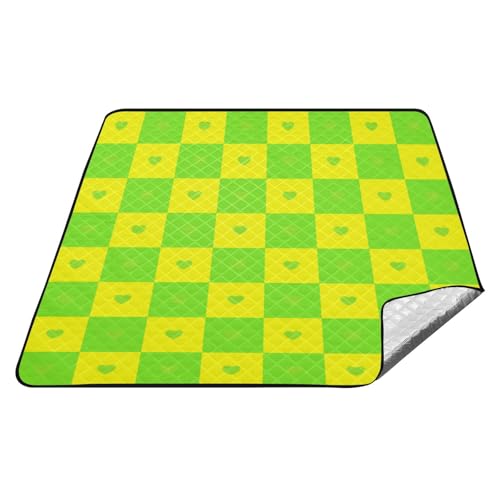 Buffalo Plaid Karo Gelb Grün Herz Wasserdicht See Day Essentials Wasserabweisend Outdoor Party Reise Picknick Decke für 4 bis 6 Erwachsene Konzertdecke Mantas para la playa von tplaotee