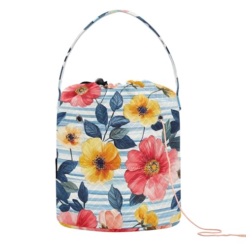 Bunte Blumen blaue Streifen Aquarell Malerei Garn Tasche Häkeltasche Garn tragbar für Stricknadeln Häkelorganizer Bunte Blumen blaue Streifen Aquarell Malerei Garn Tasche Häkeltasche Garn tragbar für Stricknadeln Häkelorganizer von tplaotee