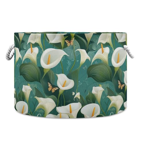 Chic Calla Lily Türkisfarbener Aufbewahrungskorb, faltbarer und wasserdichter Wäschekorb mit stabilem Griff, rund, dekorative Behälter für Schreibtisch, Schrank, Decke von tplaotee