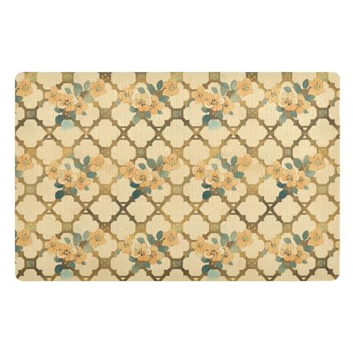 Dekorative Fußmatte im Vintage-Stil, goldfarben, kariert, Blumen, für den Außenbereich, waschbar, Eingangsteppich, flaches Profil, Willkommensmatte, 81,3 x 50,8 cm, rutschfester Gummi und waschbare Dekorative Fußmatte im Vintage-Stil, goldfarben, kariert, Blumen, für den Außenbereich, waschbar, Eingangsteppich, flaches Profil, Willkommensmatte, 81,3 x 50,8 cm, rutschfester Gummi und waschbare von tplaotee