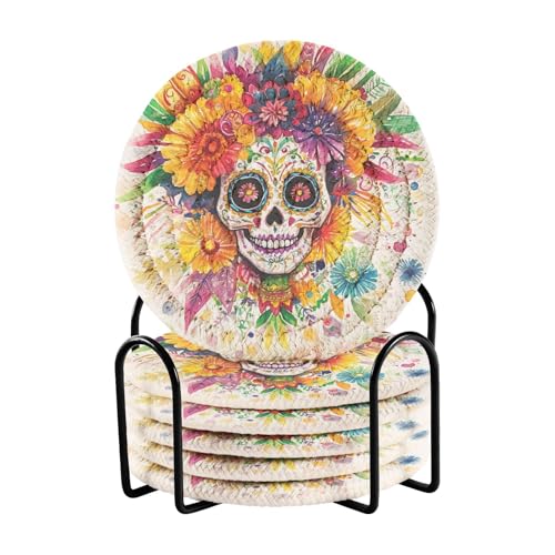 Dia De Los Muertos Untersetzer mit mexikanischem Totenkopf-Motiv, dekorativ, für Tisch, kein Schwitzen, Einweihungsgeschenk, Heimdekoration, 6er-Set mit Halter Dia De Los Muertos Untersetzer mit mexikanischem Totenkopf-Motiv, dekorativ, für Tisch, kein Schwitzen, Einweihungsgeschenk, Heimdekoration, 6er-Set mit Halter von tplaotee
