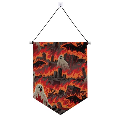 Fledermaus im Feuer Halloween hängende Stoffbanner mit Teleskopstange Banner Flaggen Outdoor-Dekoration für Festival und besondere Tage von tplaotee